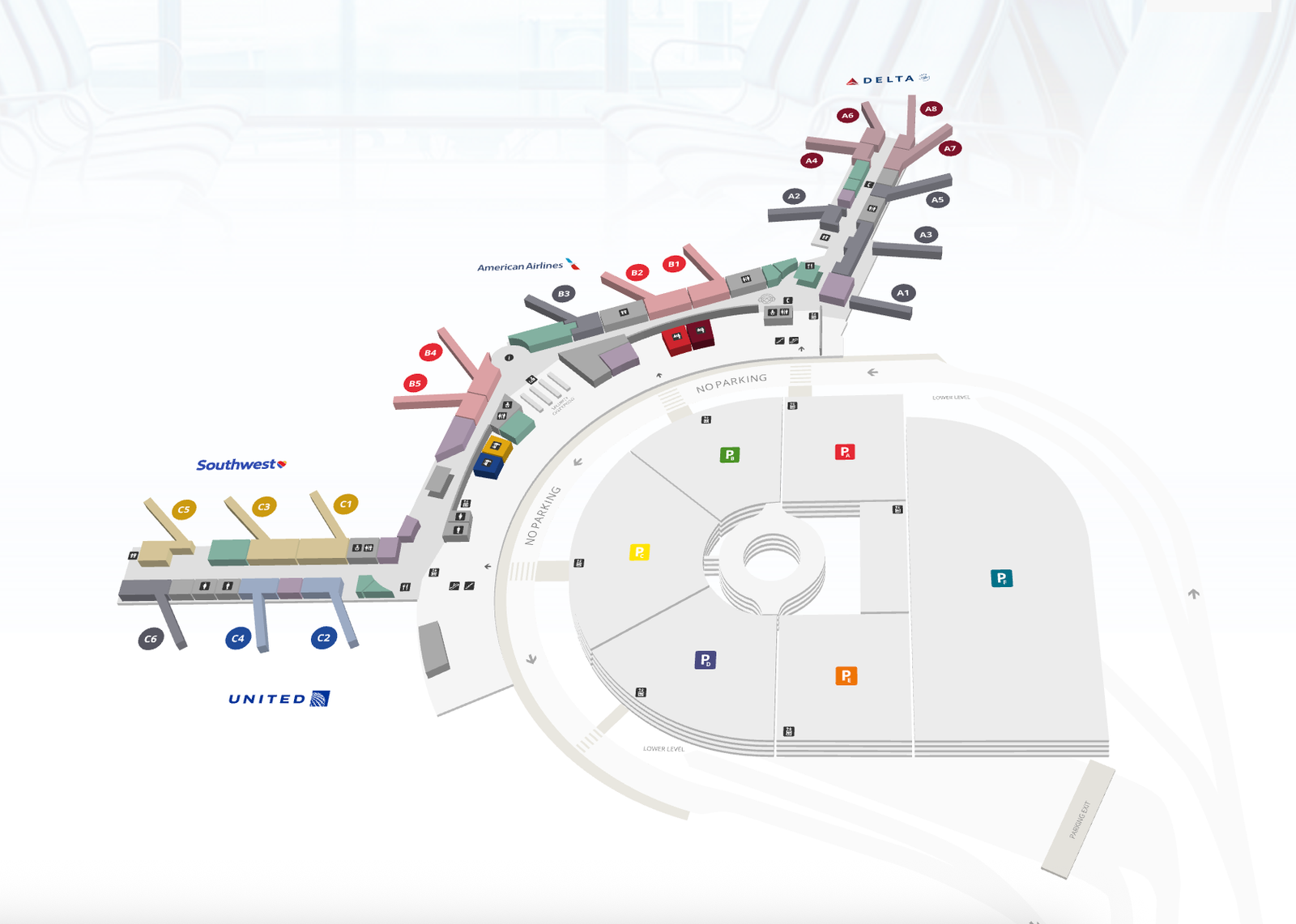 Map of Birmingham-Shuttlesworth International Airport (BHM) terminal, concourses, and parking lots